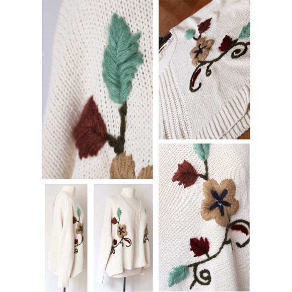 Cream Floral Embroidered Oversize Slouchy Sweater - Picture 6 of 8